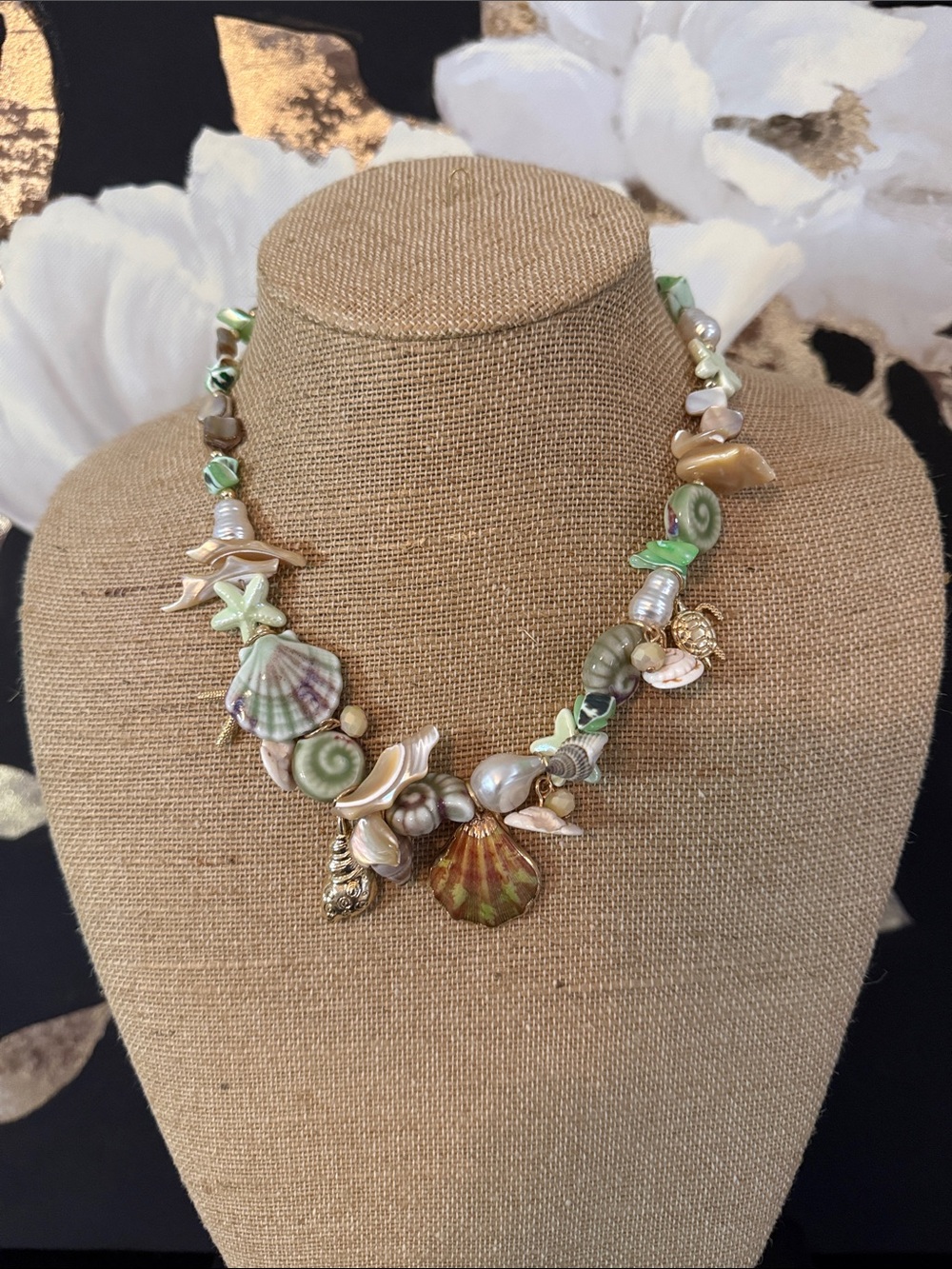 Seashell Charm Statement Necklace - Green & Gold